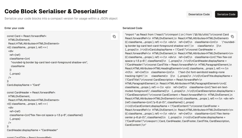 Code Block Serialiser & Deserialiser